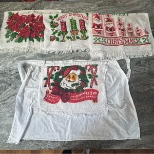 Vintage Christmas Terrycloth Hand Towels & Santa Apron Lot  Made in USA